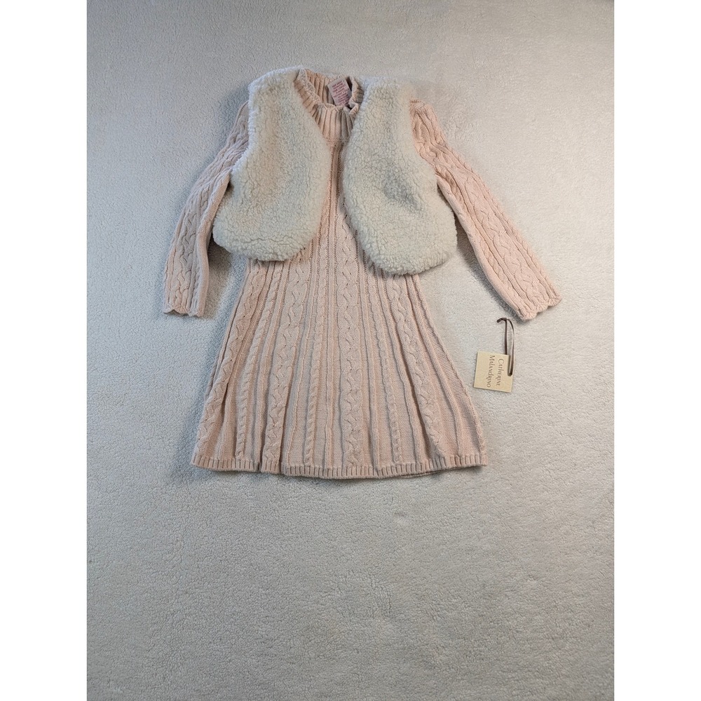 Catherine Malandrino Girls Pink Cable Knit Sweater Dress Faux Fur Vest Set 2T